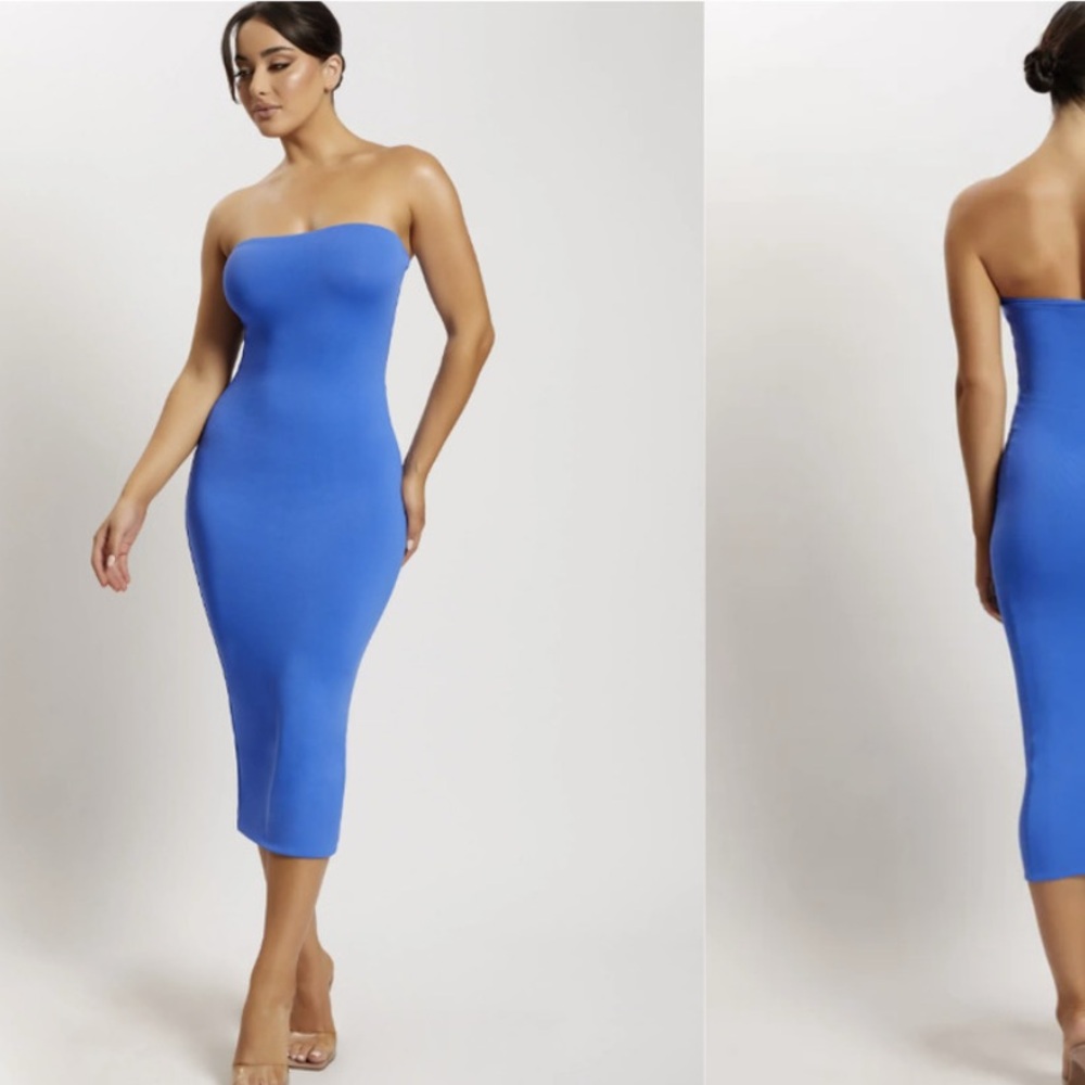 Meshki Strapless Bodycon Midi Dress in Cobalt Blue